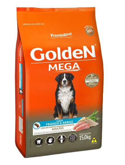 Ração Golden Mega para Cães Adultos Raças Grandes Sabor Frango e Arroz - 15kg