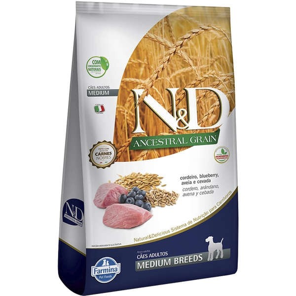 N&D Ancestral Grain Ração para Cães Adultos Raças Médias Sabor Cordeiro e Blueberry - 10,1kg 
