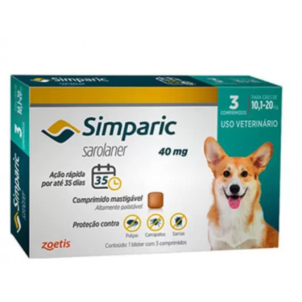 Antipulgas Simparic 40 mg para Cães 10,1 a 20kg - 3CP