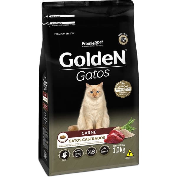 Ração Golden Gatos Castrados - Carne - 3Kg