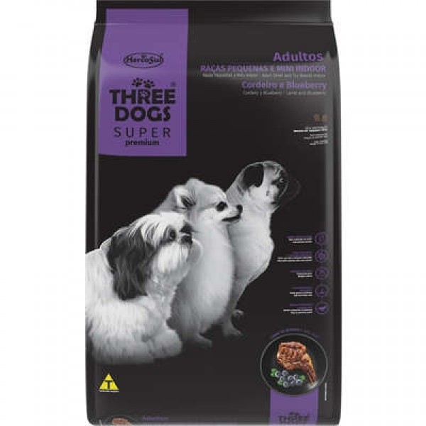 Ração Seca Three Dogs Super Premium Cordeiro e Blueberry para Cães Adultos Raças Pequenas e Mini Indoor 1kg